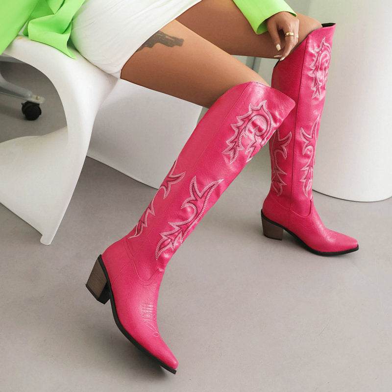 Embroidery Sleeve Western Cowboy Boot Chunky Heel High Heel - Mubimart
