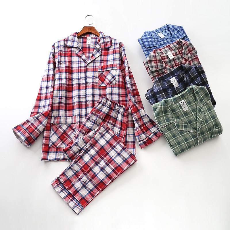 Long-sleeved Trousers And Brushed Plaid Pajama Set - Mubimart -  