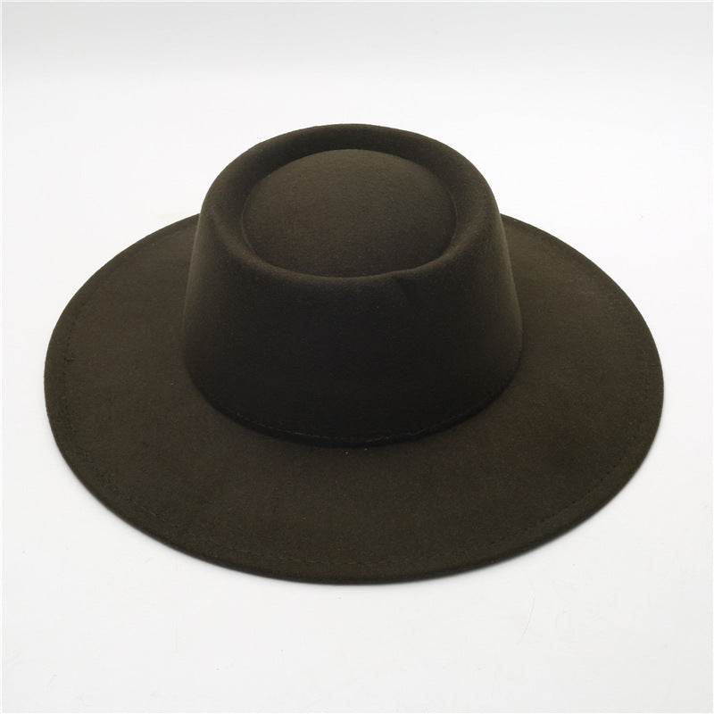 Retro Fedora 8cm Wide Brim Solid Color Concave-convex Dome Woolen Hat - Mubimart