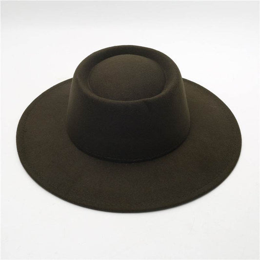 Retro Fedora 8cm Wide Brim Solid Color Concave-convex Dome Woolen Hat - Mubimart