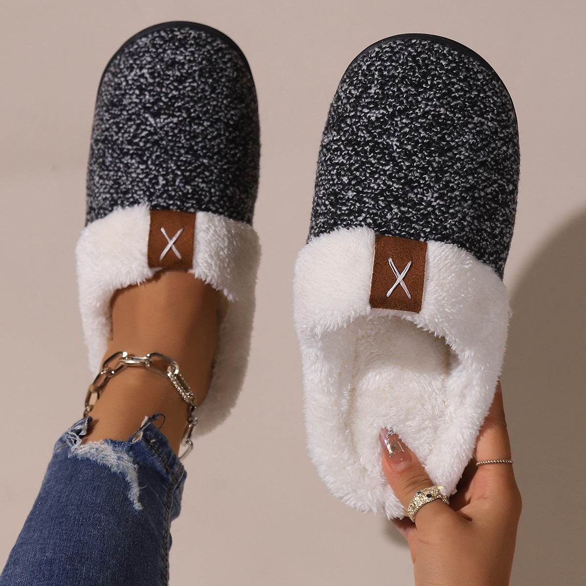Winter Plush Slippers Fashion Thick Bottom Warm House Shoes For Women Men Indoor Bedroom Floor Slipper - Mubimart