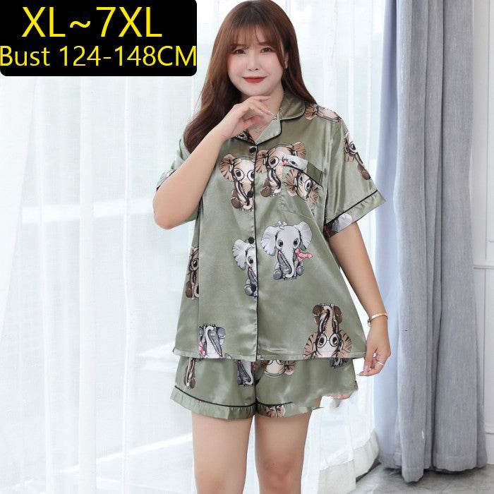 Summer Plus Size Ladies Ice Silk Short Sleeve Pajama Set - Mubimart