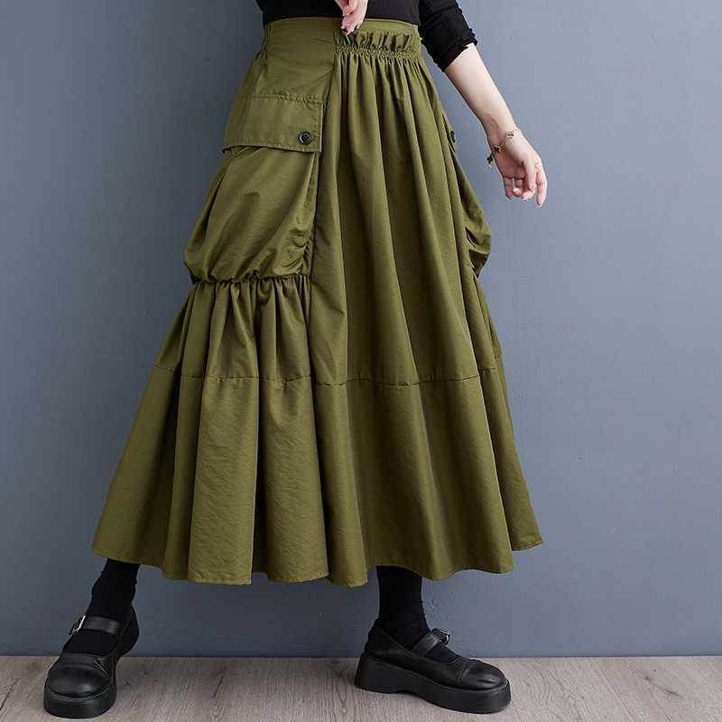Loose Slimming Workwear Large Pocket Large Hem High Waist Pleated Skirt - Mubimart