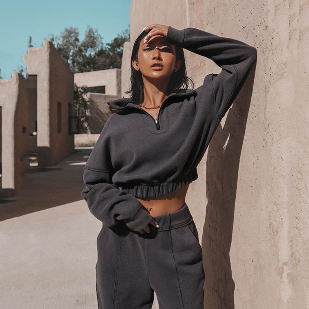 Long Sleeve Sweatshirt Stand Up Zipper Short Top With Loose Straight Leg Pants Women's Clothing - Mubimart