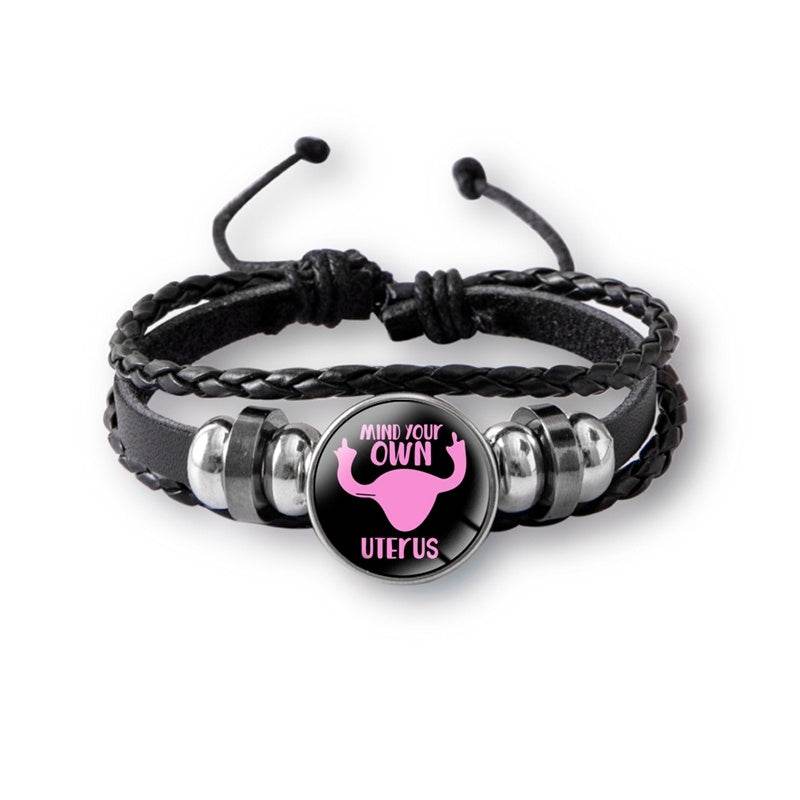 Mind Your Own Uterus Glass Snap Button Charm Bracelet Vintage Multi-layer Leather Bracelets For Women Men - Mubimart