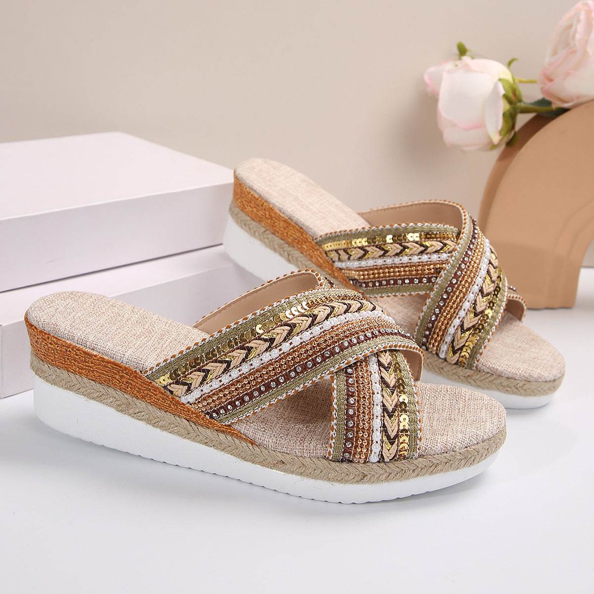 Linen Wedge Sandals Summer Ethnic Style Cross-strap Sandals For Women Non-slip Slides Beach Shoes - Mubimart
