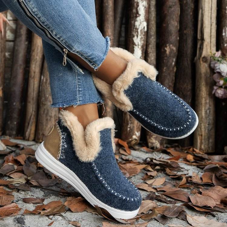 Fleece-lined Thick Plush Boots Warm Sewing Flat Cotton Shoes Winter Ankle Boot - Mubimart