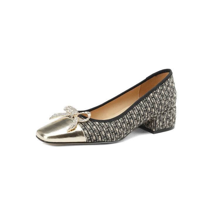 Bow Thick Heel Women's Black Work Shoes - Mubimart