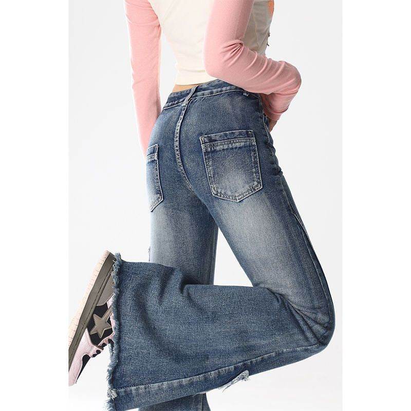 American Retro Butterfly Embroidery Slightly Flared Jeans Women - Mubimart