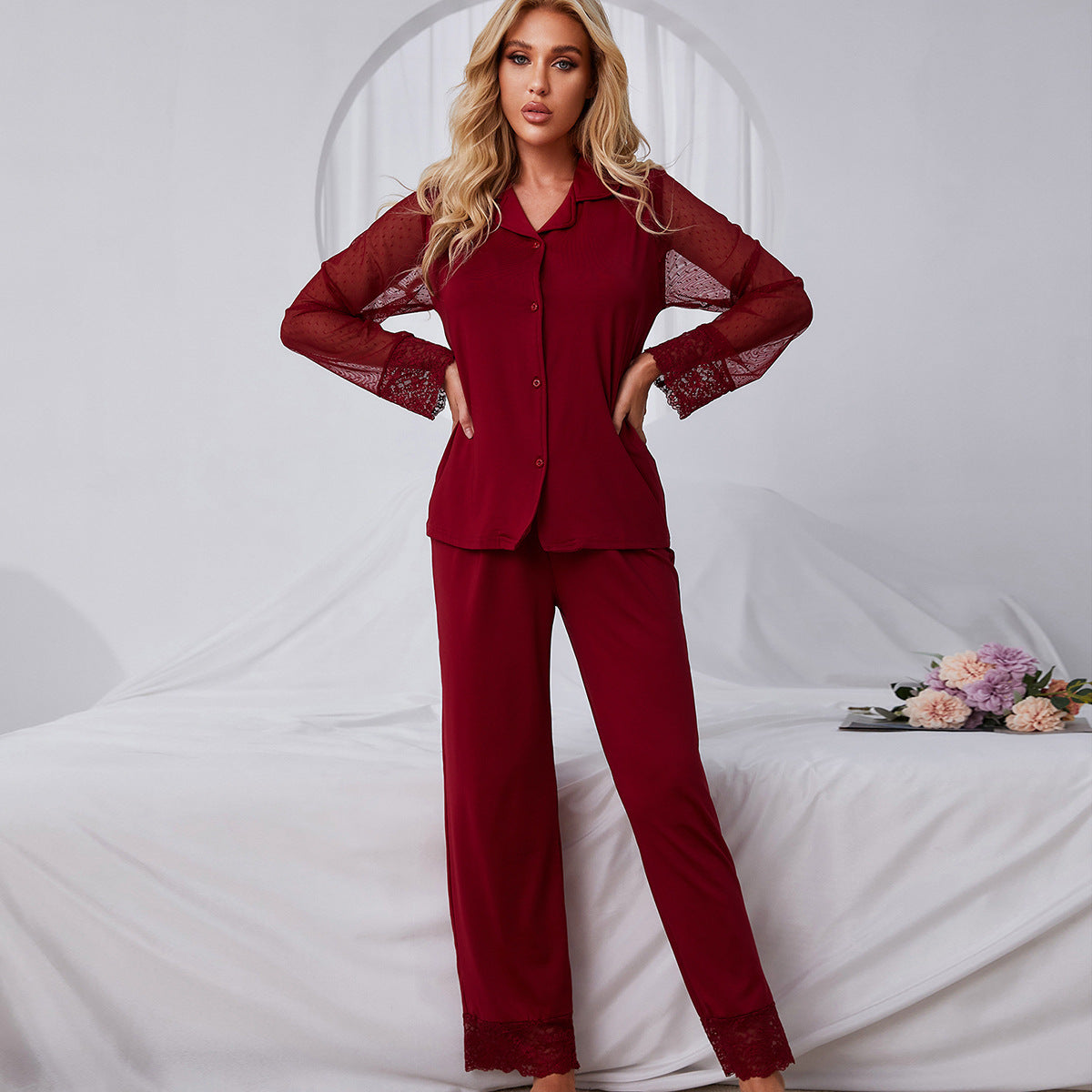 Women's Solid Color Net Gauze Long-sleeved Top And Trousers Pajama Set - Mubimart - Pajama 