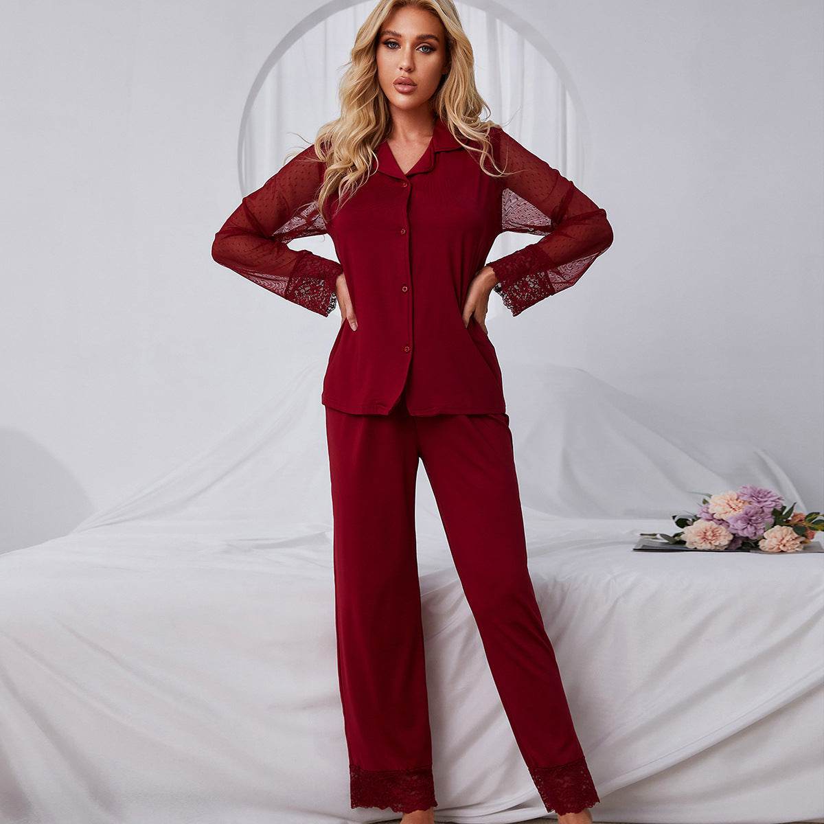 Women's Solid Color Net Gauze Long-sleeved Top And Trousers Pajama Set - Mubimart