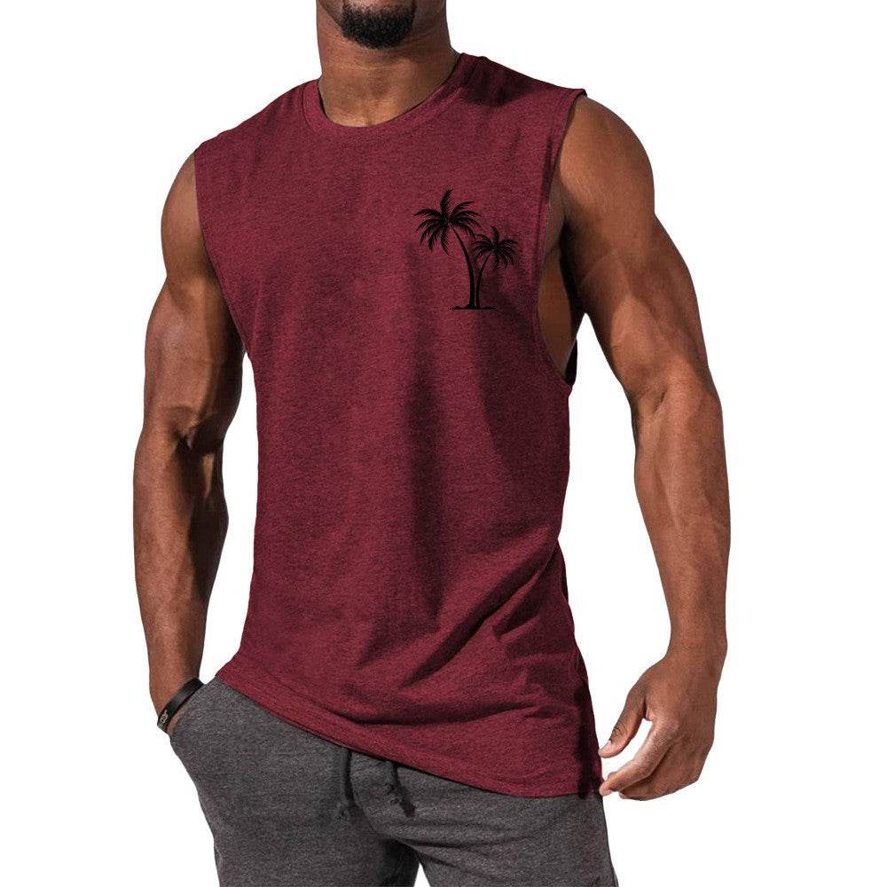 Coconut Tree Embroidery Vest Summer Beach Tank Tops Workout Muscle Men Sports Fitness T-shirt - Mubimart