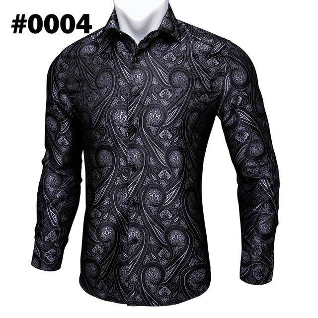 Barry.Wang Teal Paisley Floral Silk Shirts Men Autumn Long Sleeve Casual Flower Shirts For Men Designer Fit Dress Shirt BCY-05 - Mubimart