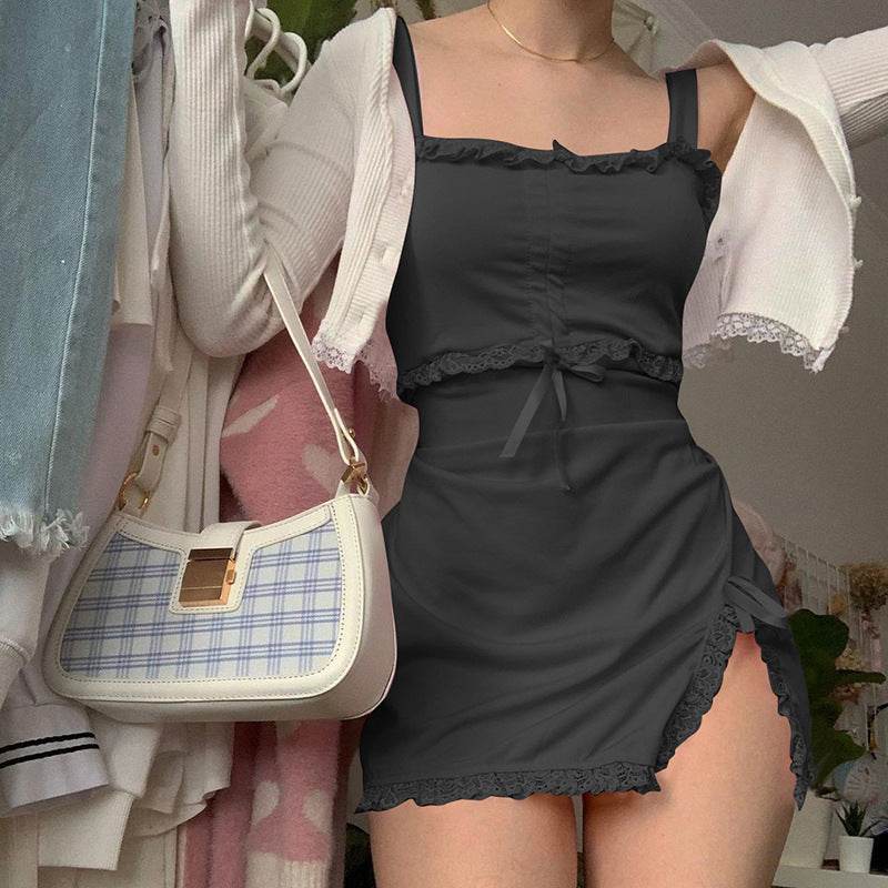 Lace Drawstring Slip Dress For Women - Mubimart