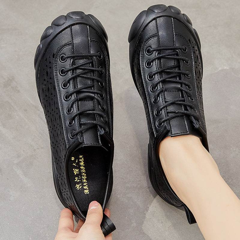 Leather Hollow Rubber Sole 3cm Comfort Shoes - Mubimart