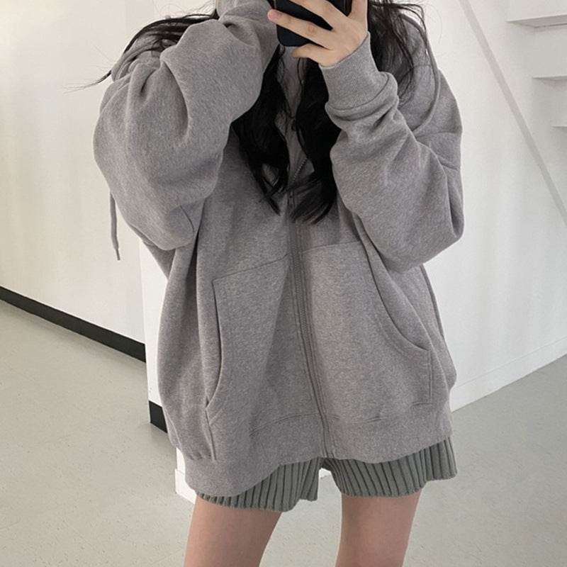 Hoodie Round Neck Loose Letter Rhinestone Zipper - Mubimart