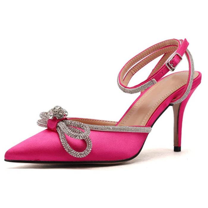 Rhinestone Bow Sandals Women's Lace-up Buckle Satin Hollow Stiletto Pointed Toe High Heels - Mubimart