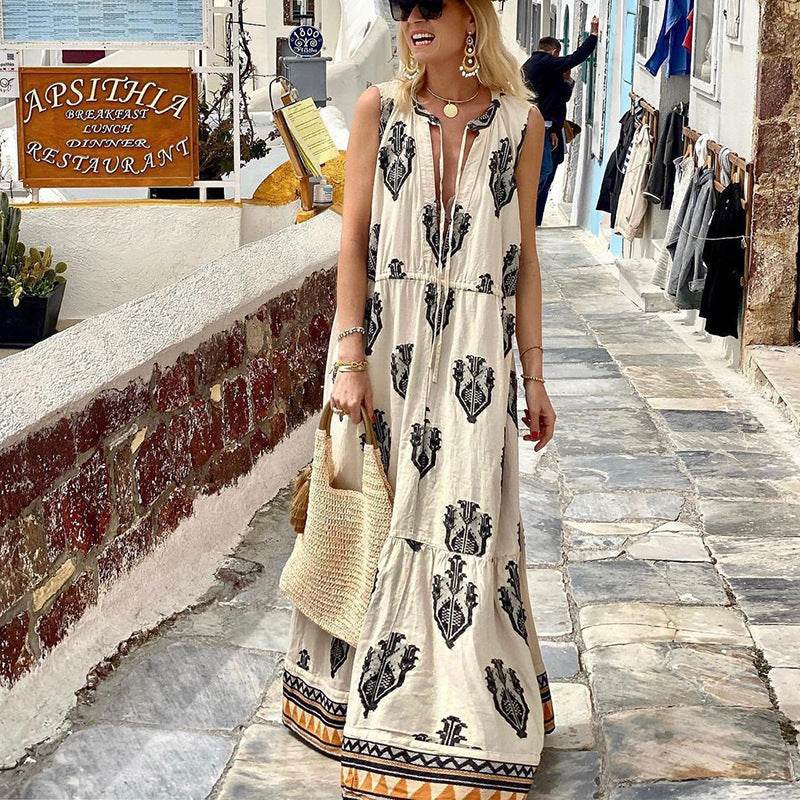 Women's Sleeveless Midi Printed Dress - Mubimart