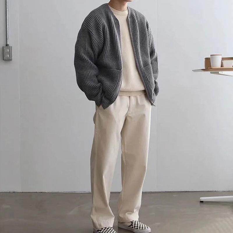 Men Zip Up Knitted Cardigan Lined Funnel Neck Jumper Sweater Pockets Coat All Seasons Comfortable Soft Long Sleeve - Mubimart