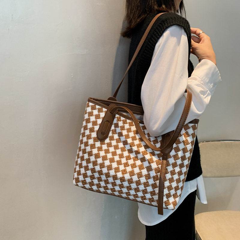 Plaid Single Shoulder Bag For Women With Large Capacity Tote - Mubimart