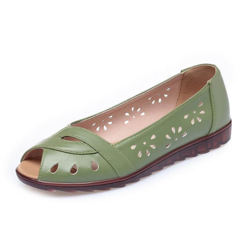 Peep Toe Sandals Women's Flat Bottom Comfort Leather Soft Bottom - Mubimart