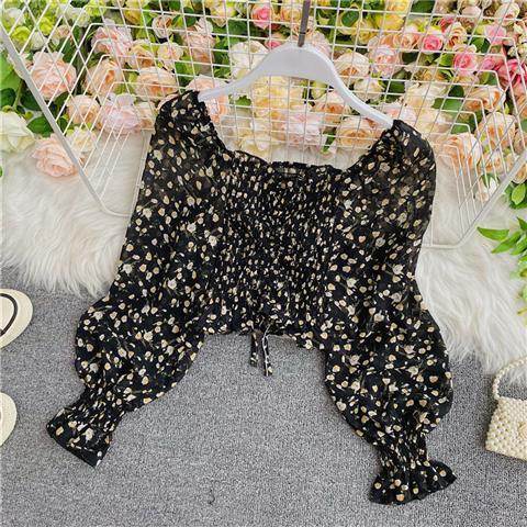 Sweet Square Neck Blouse Floral Chiffon Shirt Women - Mubimart
