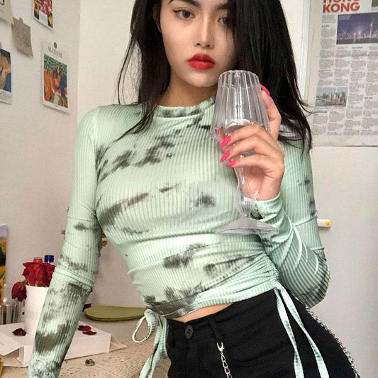 Fashion Short Drawstring Tie Crop Top Women - Mubimart