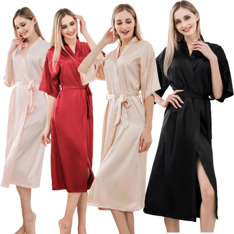 Satin Kimono Robes For Women Bride Long Robe Sleepwear - Mubimart - Robe 