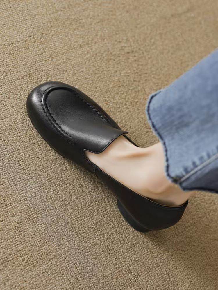Retro Style New Round Toe Flat Bottom Loafers Slip-on British Soft Bottom Pumps Women - Mubimart