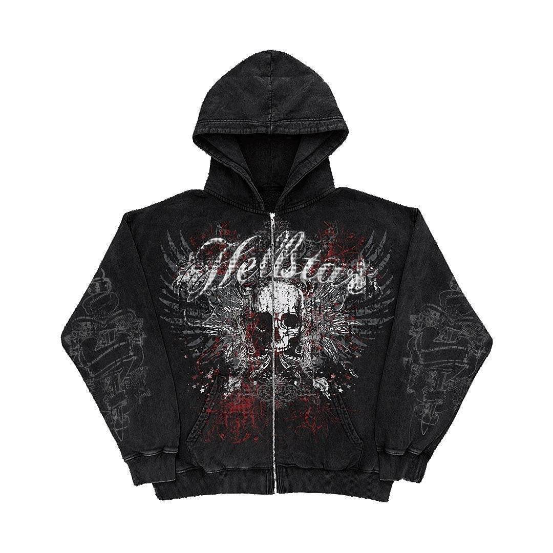 Female American Skeleton Printed Zipper Hoodie - Mubimart