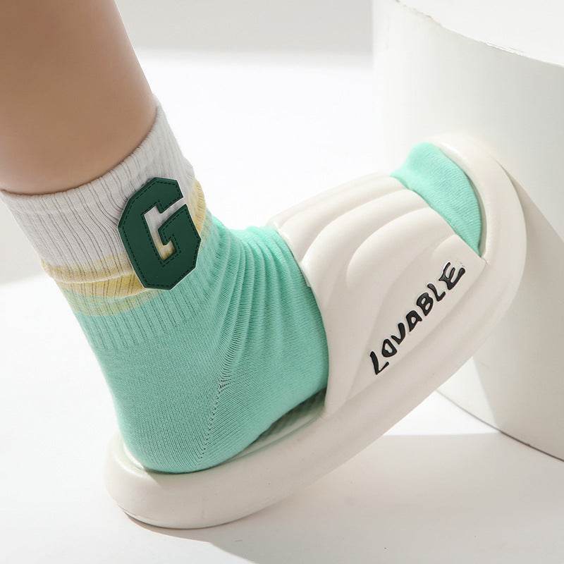Summer Stripe Letter Design Home Slippers Thick Sole Non-slip Floor Bathroom Slipper For Women Men House Shoes - Mubimart