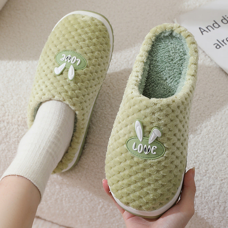 Cute Rabbit Plaid Design Home Slippers Winter Warm Thick-soled Cotton House Shoes For Women Indoor Non-slip Solid Couple Plush Slipper - Mubimart -  