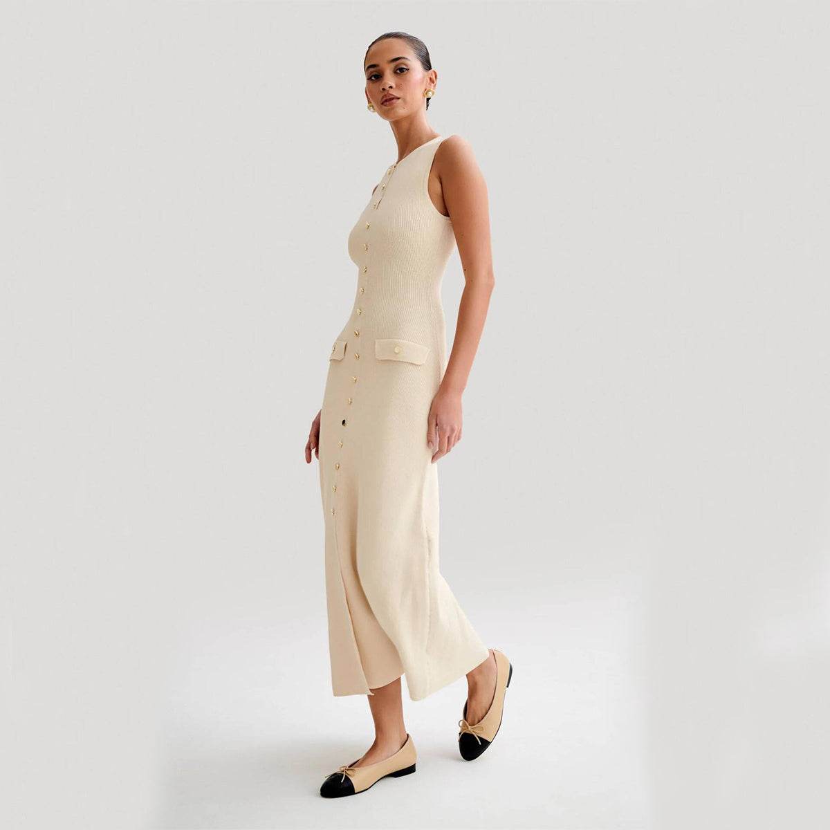 Elegant Knitted Sleeveless Dress With Single Breast Fashion Slim Round Neck Long Dresses Womens Clothing - Mubimart