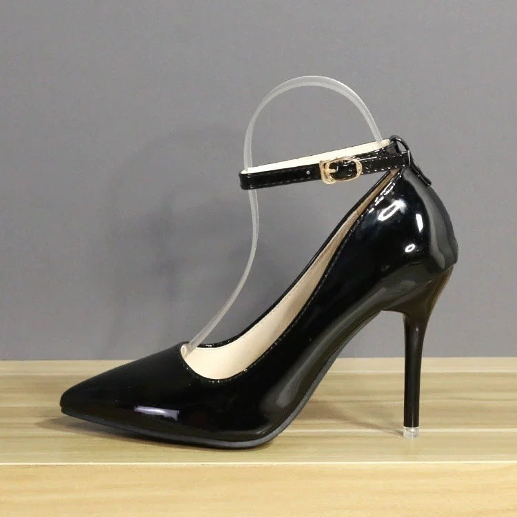 Plus Size One Word Buckle High Heels Female Patent Leather Stilettos