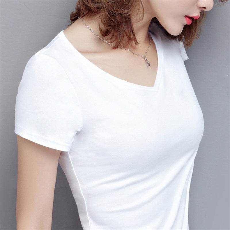 S-5XL Women's Cotton T-shirt Summer V-neck Tops Tees Female - Mubimart
