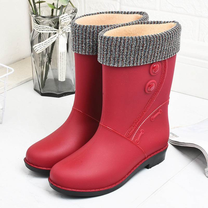Fashion Velvet Padded Rain Boots Women Warm Knee-high Rain Boots - Mubimart