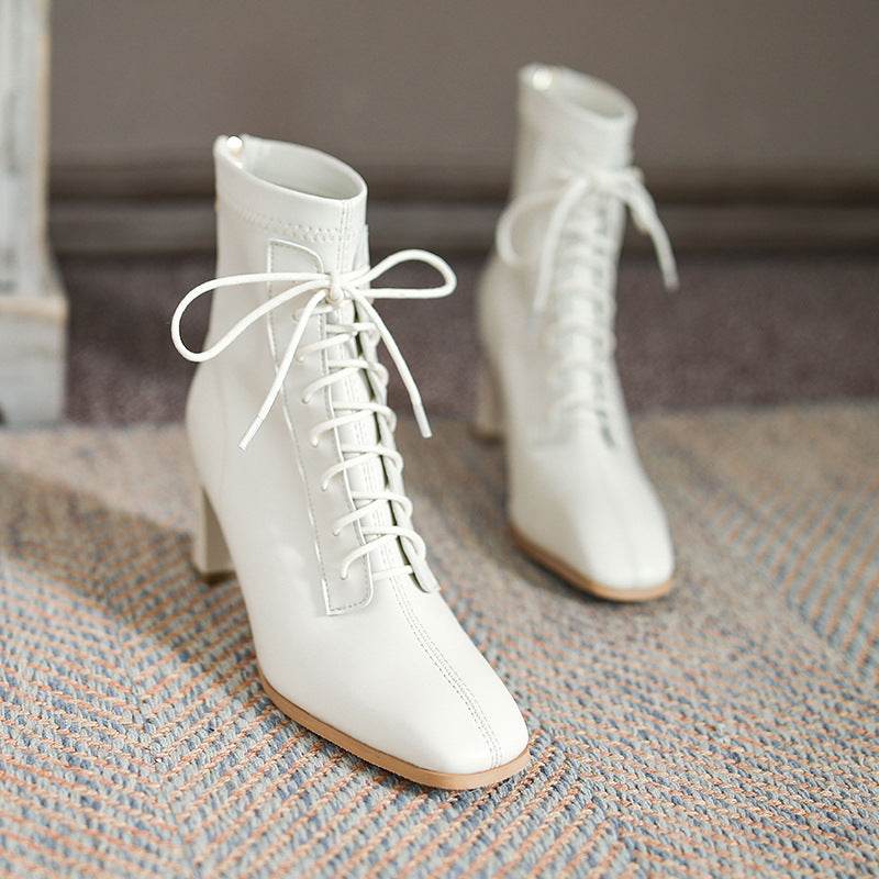 Square Toe High Heel Boots PU Leather Women Ankle Boots - Mubimart