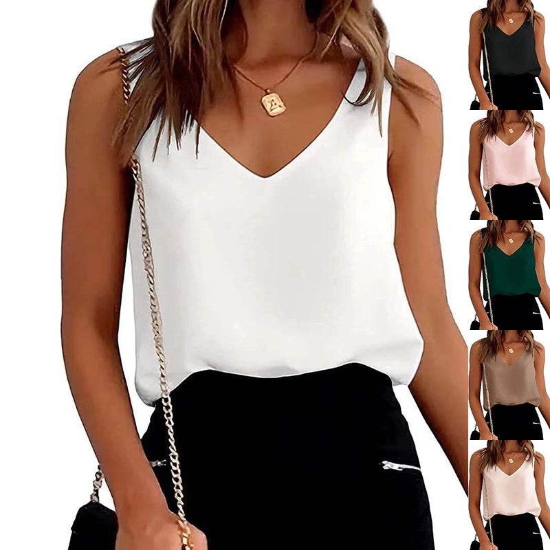 Women Tank Top Summer Casual V Neck Camisole Blouses Loose Sleeveless Cami Basic Tank Shirt - Mubimart