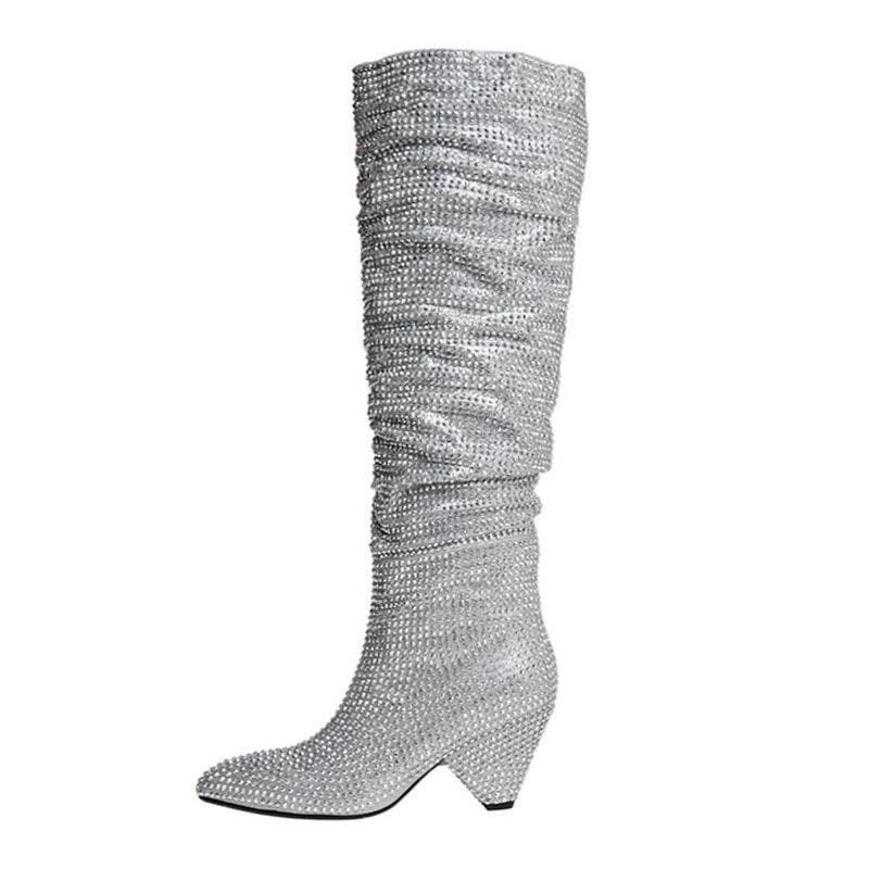 Tapered Heel Silver Rhinestone Tall Fashion Women's Boots - Mubimart
