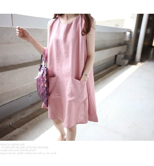 Summer Dress Ladies Fashion Loose Linen Slip Dress - Mubimart