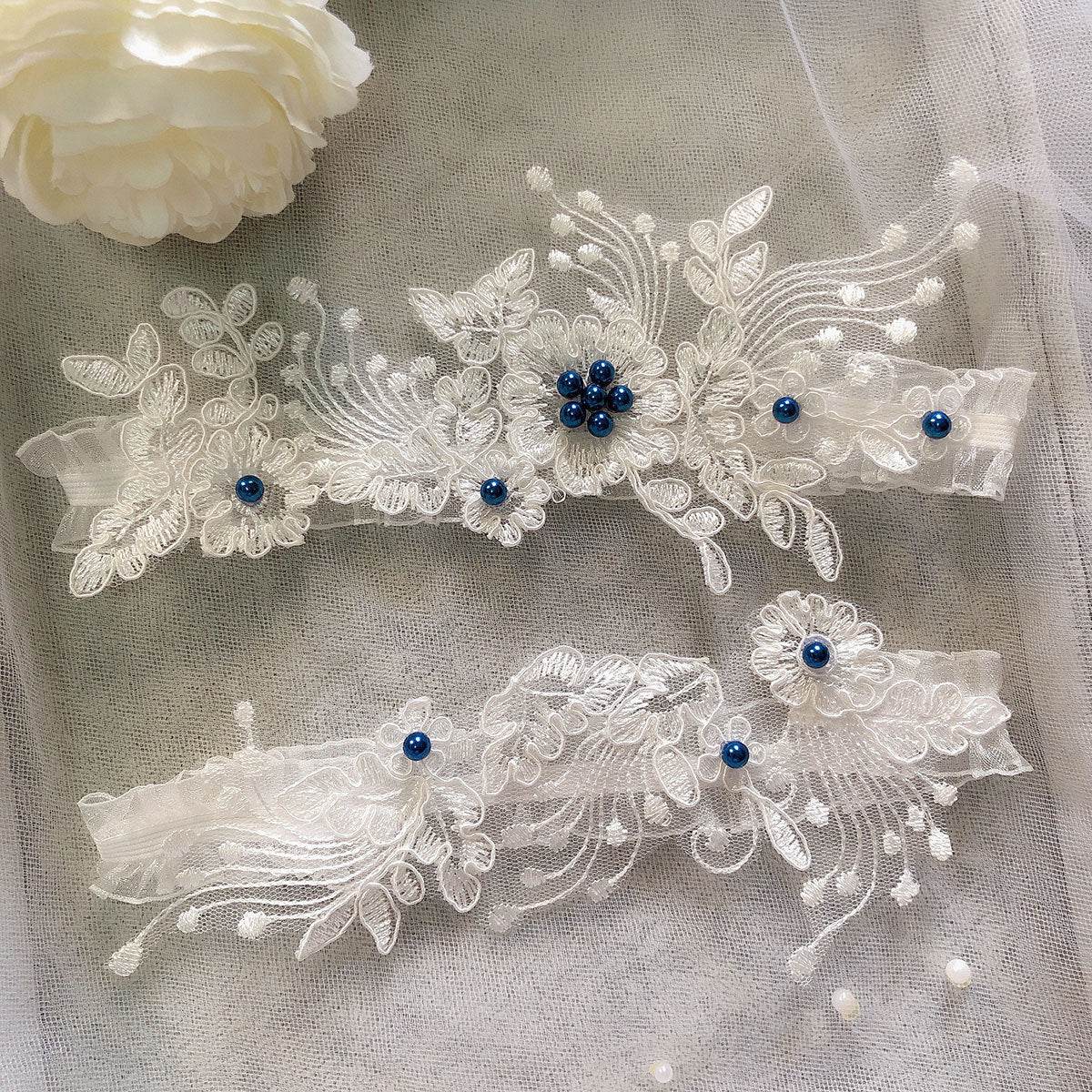European And American Bridal Lace Garter Belt Blue Pearl Garter Belt Sexy Elastic Leg Loop - Mubimart