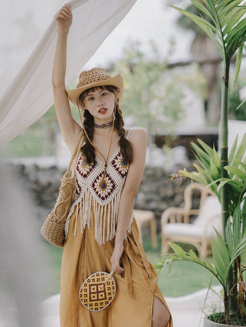 Bohemian Tassel Spaghetti-strap Camisole Top - Mubimart