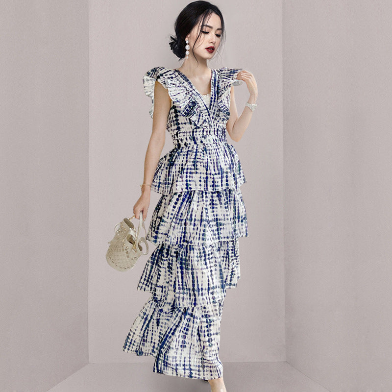 Summer Socialite Elegant V-neck High Waist Heavy Work Tie-dyed Waist Slim Mid-length Cake Dress - Mubimart -  