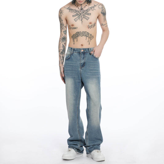 Men's Washed Blue Jeans Straight Bootcut Trousers - Mubimart
