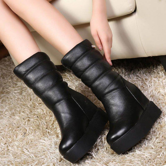 Women's Snow Cotton Tall Leather Fleece Boots - Mubimart
