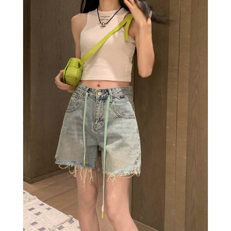 Washed Raw Edge High Waist Slim Wide Leg Denim Shorts Women - Mubimart