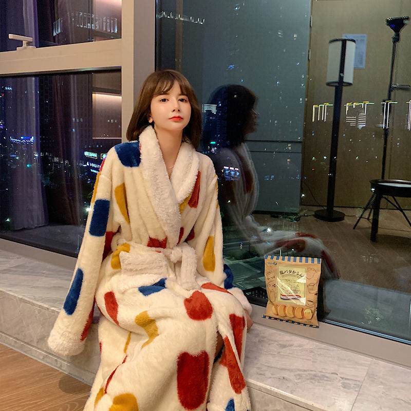 Winter Nightgown Women Coral Fleece Plus Velvet Thick Bathrobe Cute - Mubimart