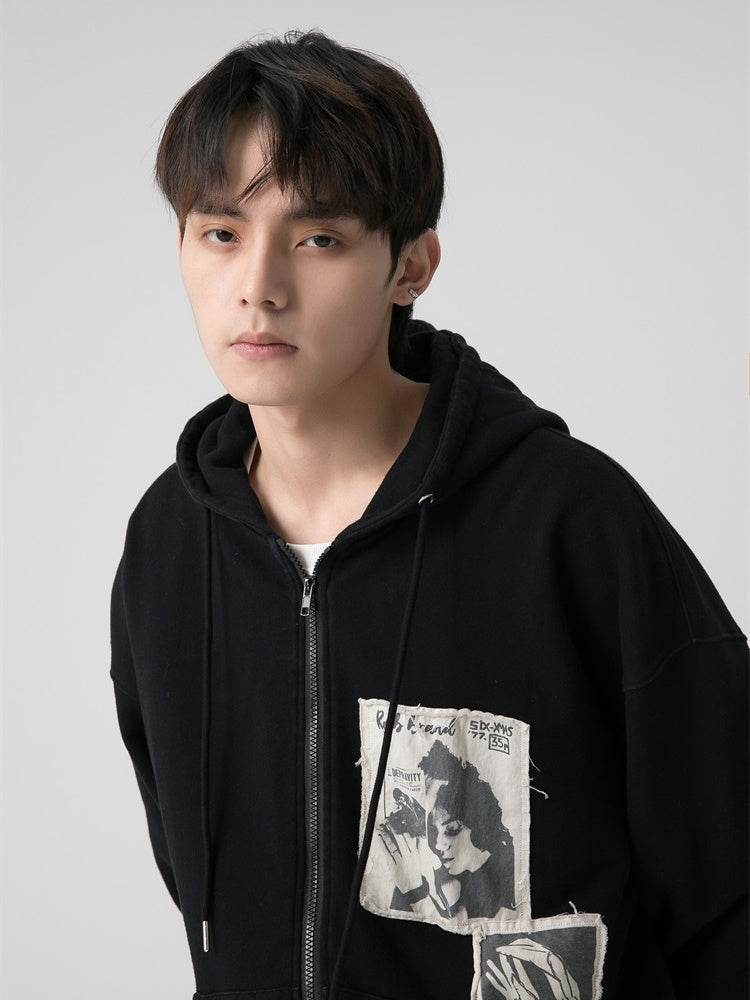 Wrecking Patch Zipper Hoodie Top Couples - Mubimart