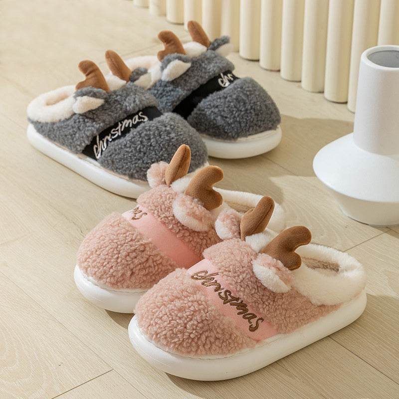 Christmas Shoes Winter Home Slippers Elk Soft Cozy Bedroom Slipper Slip On House Shoes - Mubimart