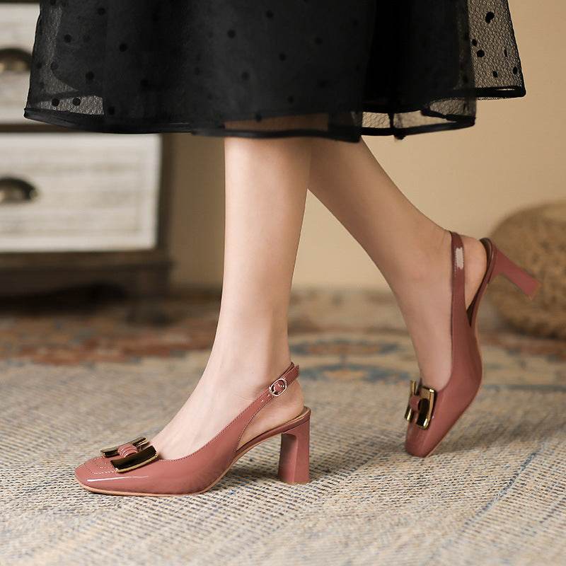 Chunky Heel Low-cut Square Toe Metal Buckle Slingback Sandals - Mubimart